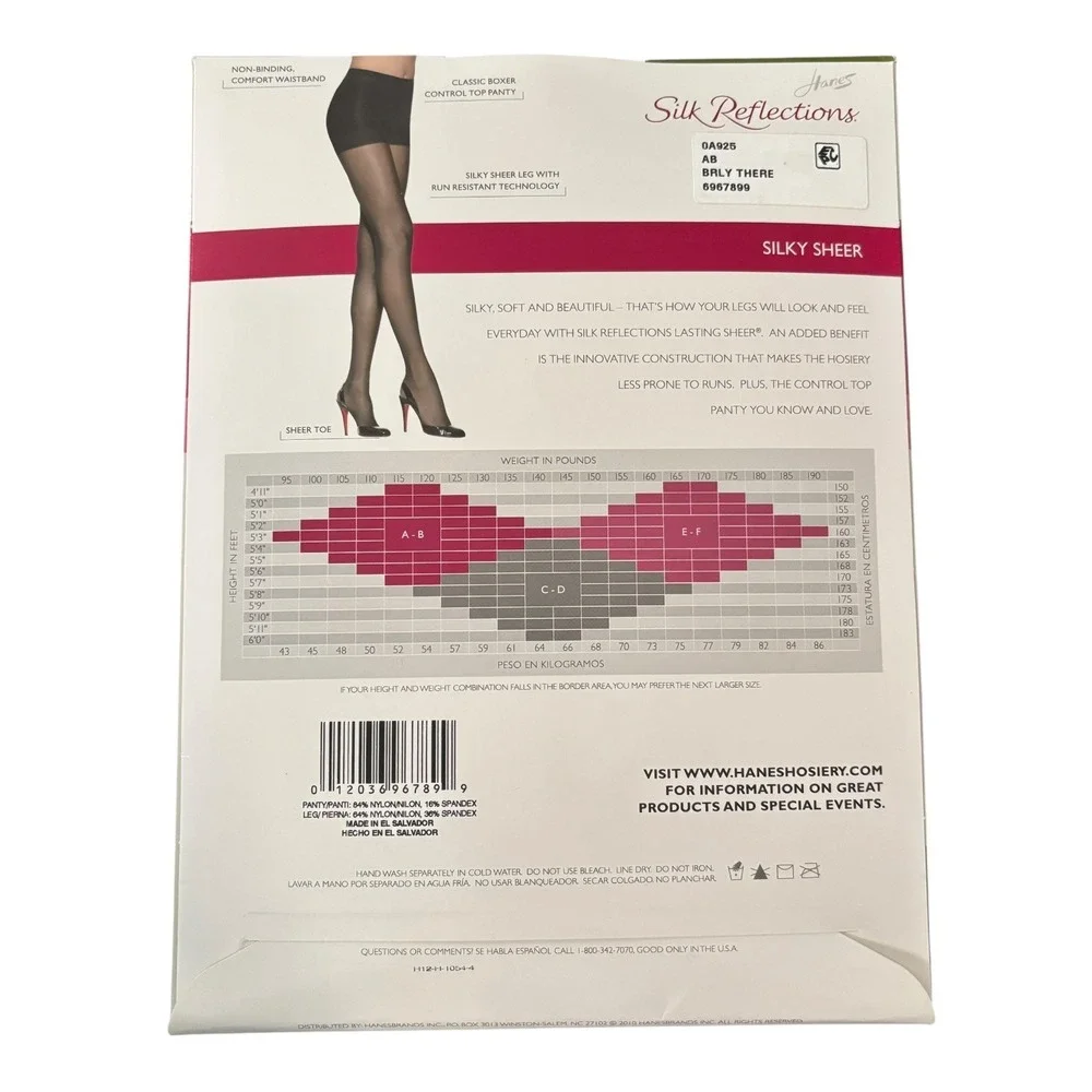 Hanes Silk Reflections Silky‎ Sheer Control Top Pantyhose Barely There Size AB